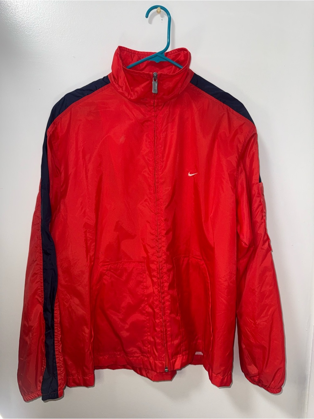 Nike Red Windbreaker with Navy Shoulder Stripes